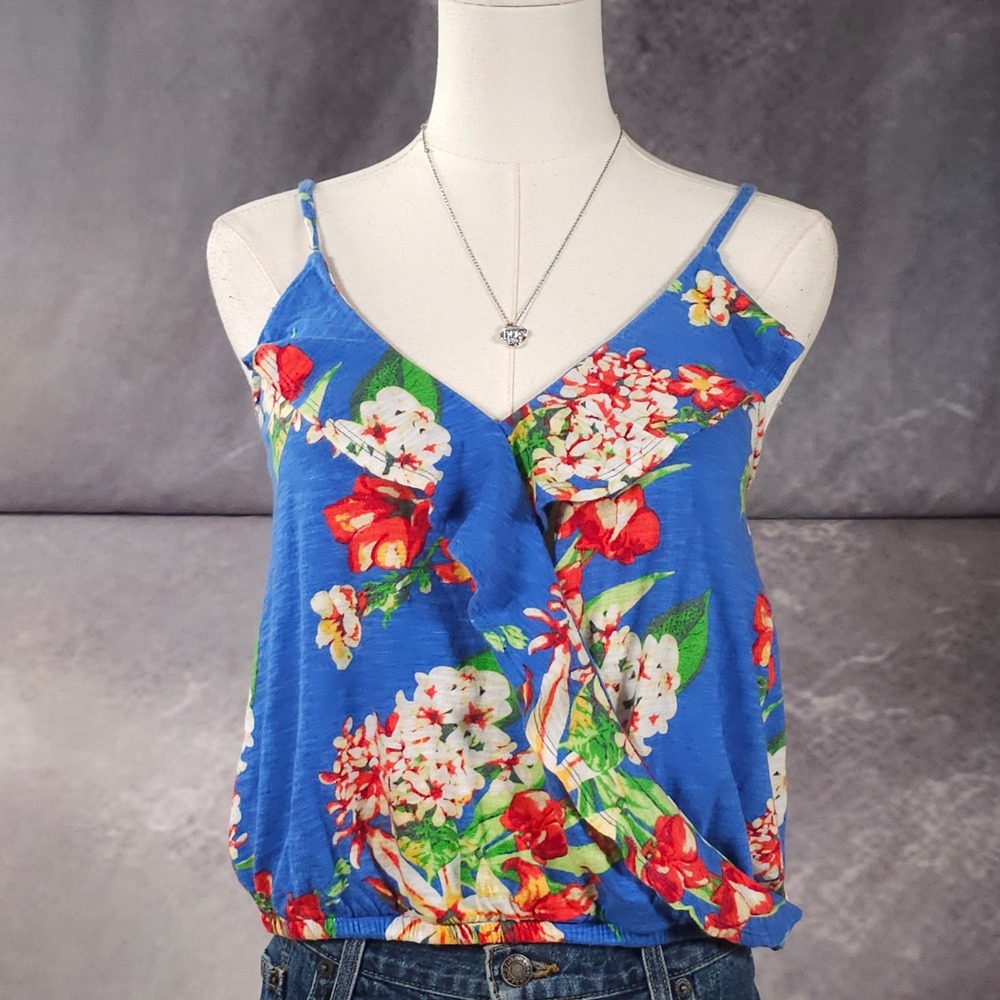 Express Tropical Floral Crop Cami Ruffle Surplice Faux Wrap Boho Blue Medium